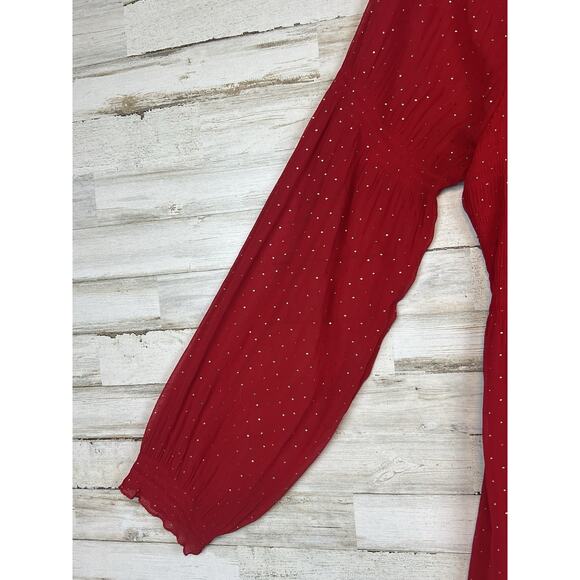 Sunny Leigh Women’s XL Red Sheer Blouse Gold Dot Smocked Peasant Top - Picture 3 of 9